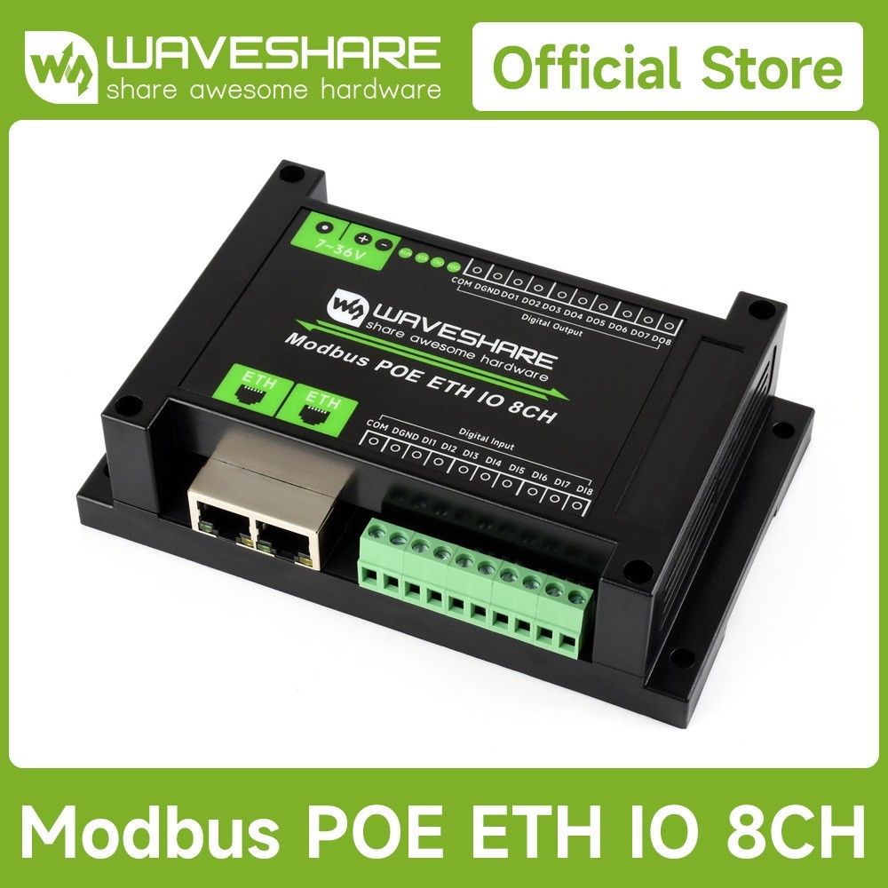 Waveshare 8-Ch Ethernet Digital Input/Output Module, Modbus RTU / TCP Protocol