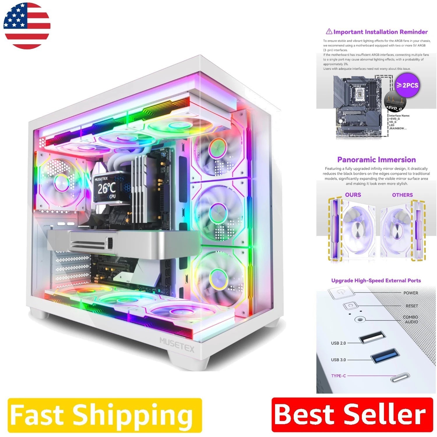 Y6 ATX PC Case White, 7 Infinity Mirror ARGB Fans, 270° Tempered Glass, Type-C
