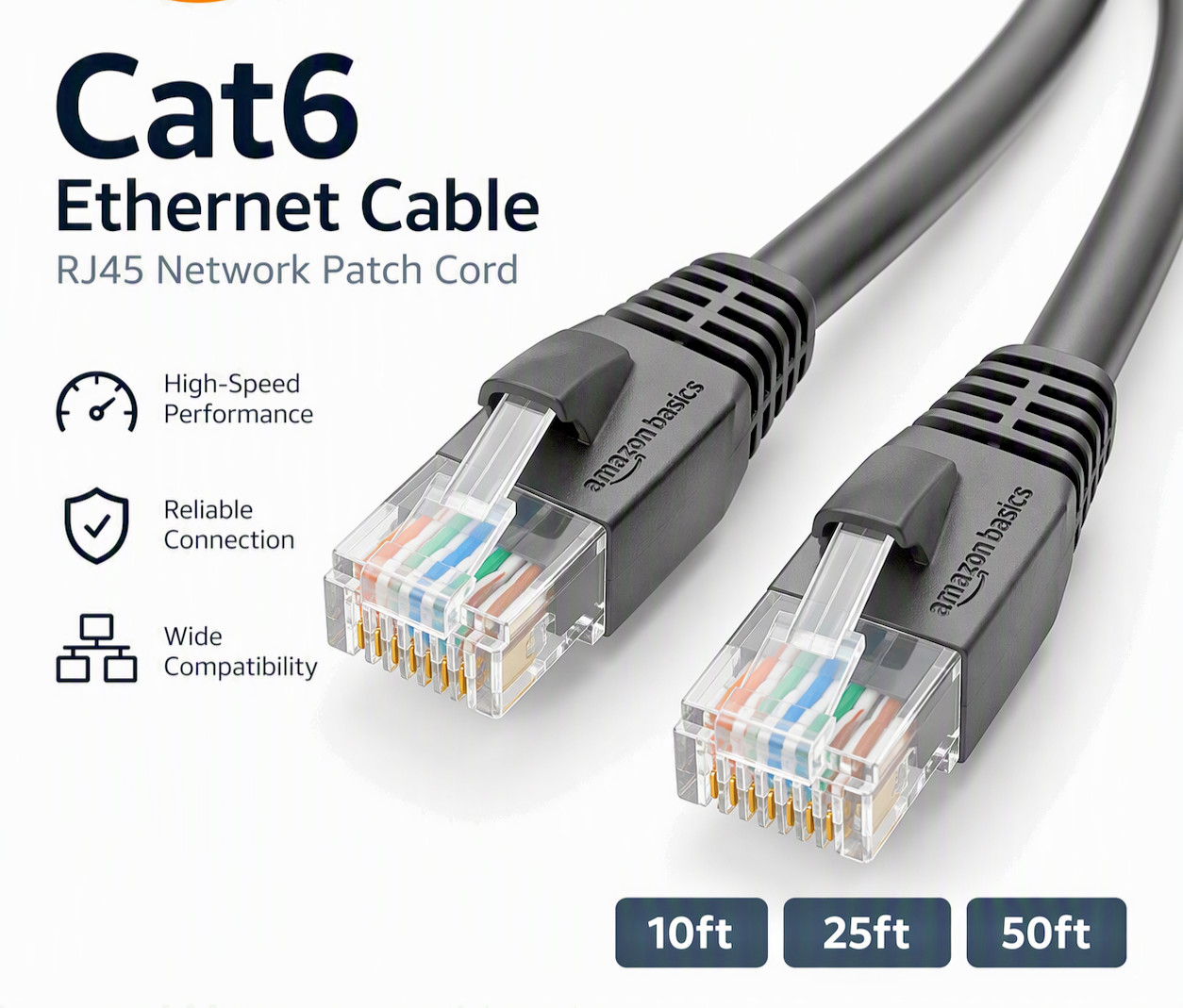 Amazon Basics Cat6 Ethernet Cable RJ45 Network Patch Cord Black 10ft 25ft 50ft