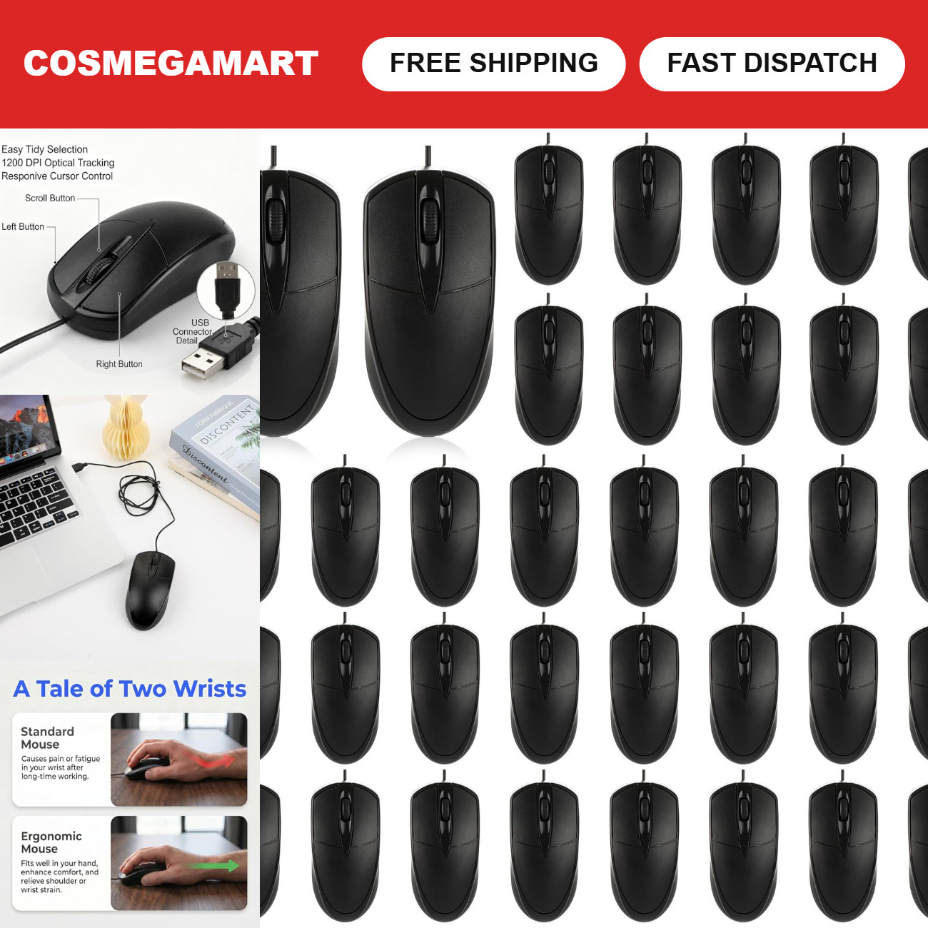 36 Pcs Wired USB Mice - 1200 DPI, 3-Button Corded Computer Mouse Bulk