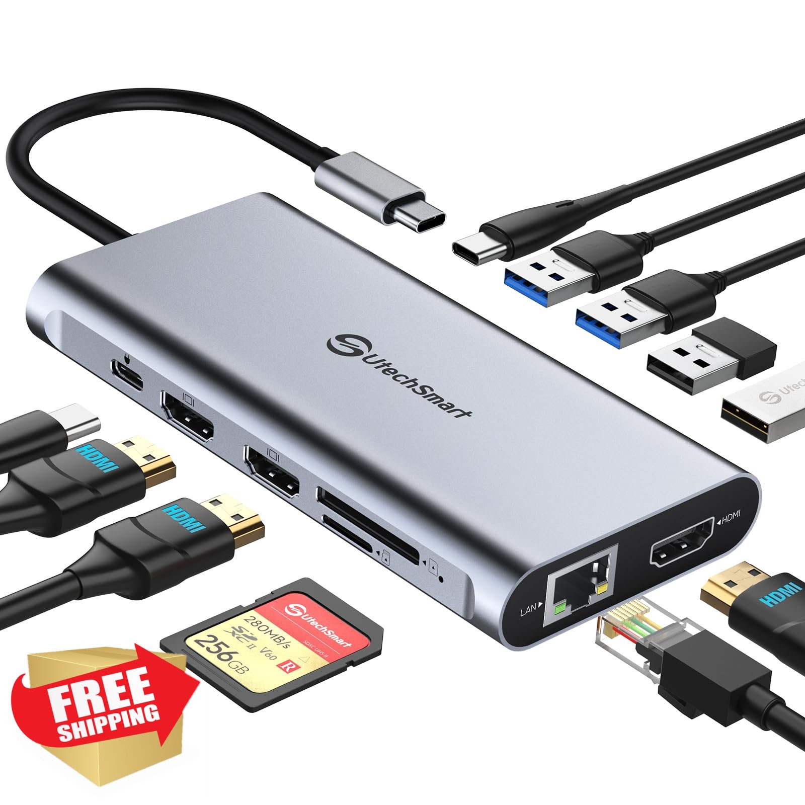 UtechSmart USB C Hub, 3 HDMI Docking Station Triple Display 12 in 1 USB C Lap...