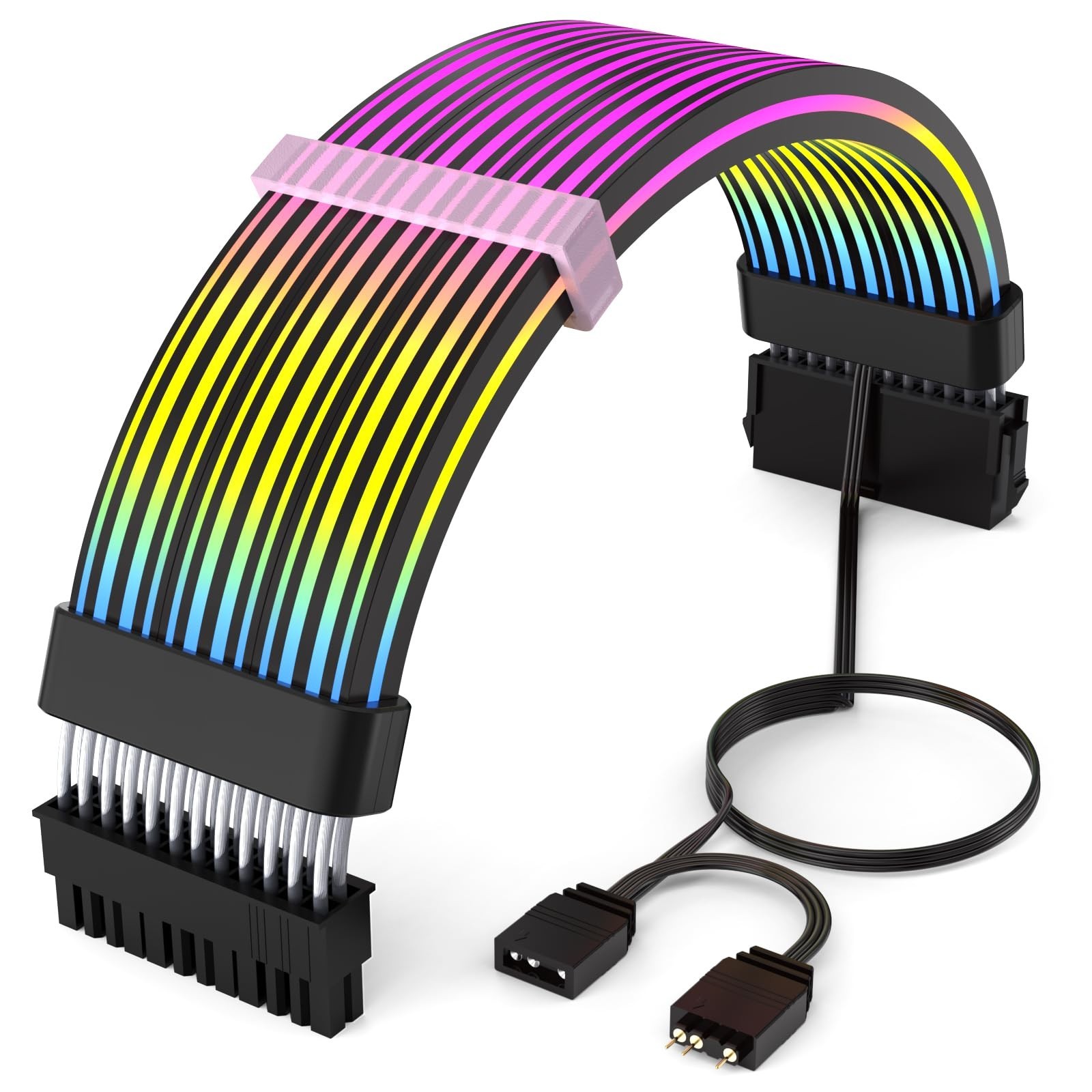 Black 24-Pin RGB PSU Extension Cable 4-Side 5V 3-Pin ARGB Sync