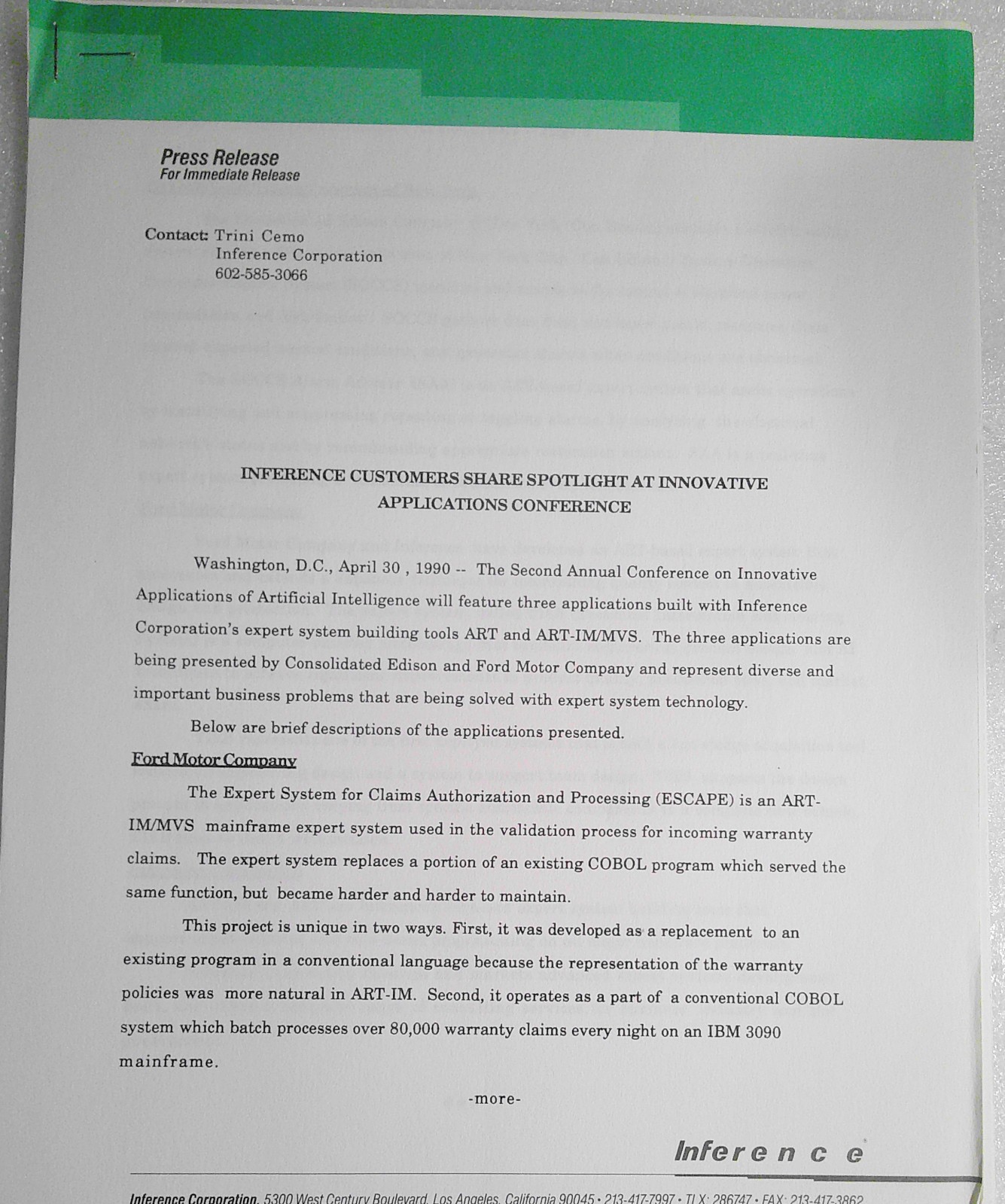 [Artificial Intelligence] 1990 Ford Motor & Con Ed show Inference at Conference