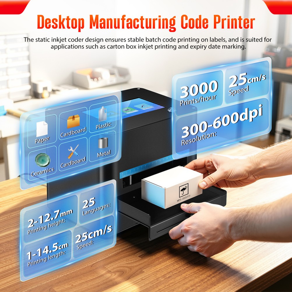 Inkjet Coding Machine 7" Touch Screen Drying Ink Cartridge Print Height 2-12.7mm