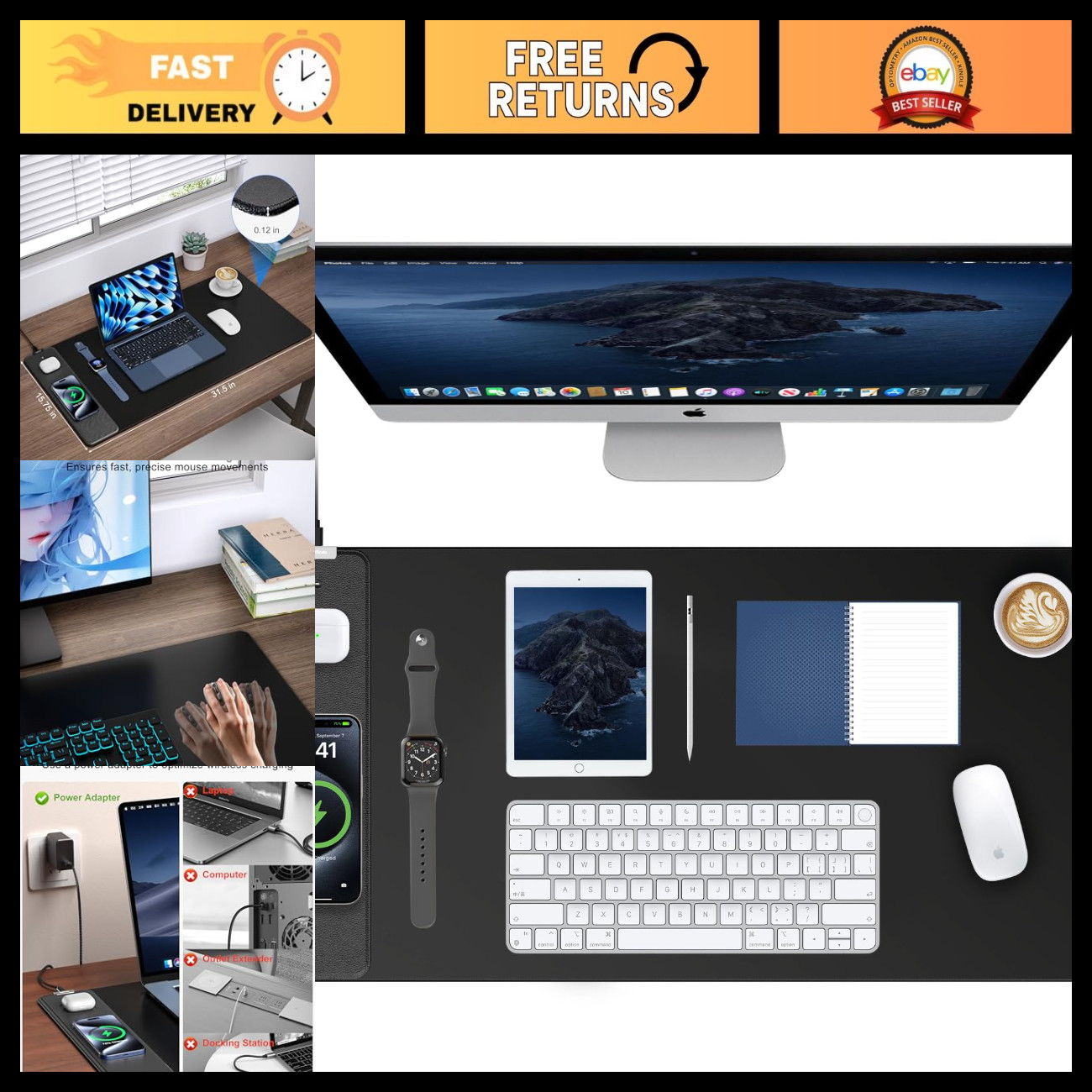 XXL Large Gaming Mouse Pad 15W Fast Wireless Charger, Waterproof Desk Mat, Non-S