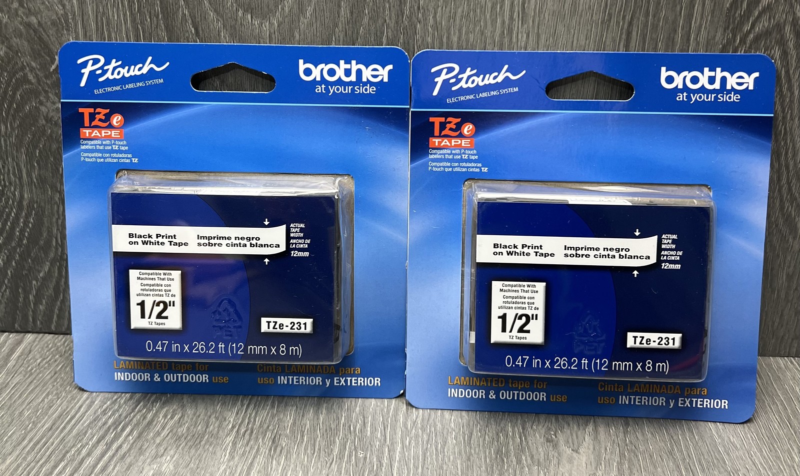 Genuine Brother TZe-231 P-touch 1/2" Label Tape Black on White Laminated 2-Pack