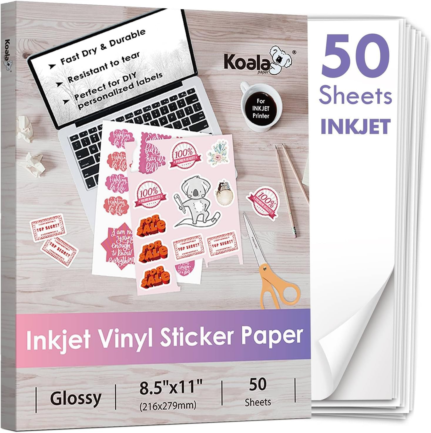 Koala Vinyl Sticker Paper for Inkjet Printer, Waterproof Glossy 50 Sheets