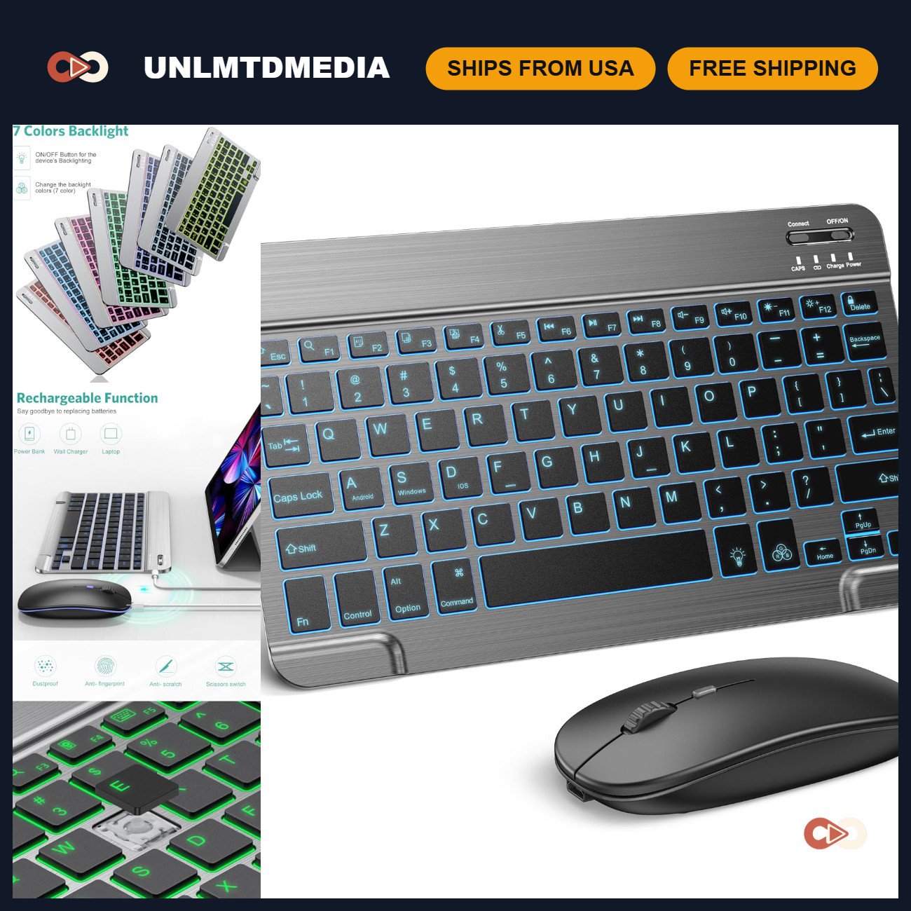 Wireless Bluetooth Keyboard & Mouse Combo for iPad - 7-Color Backlit, Rechargeab