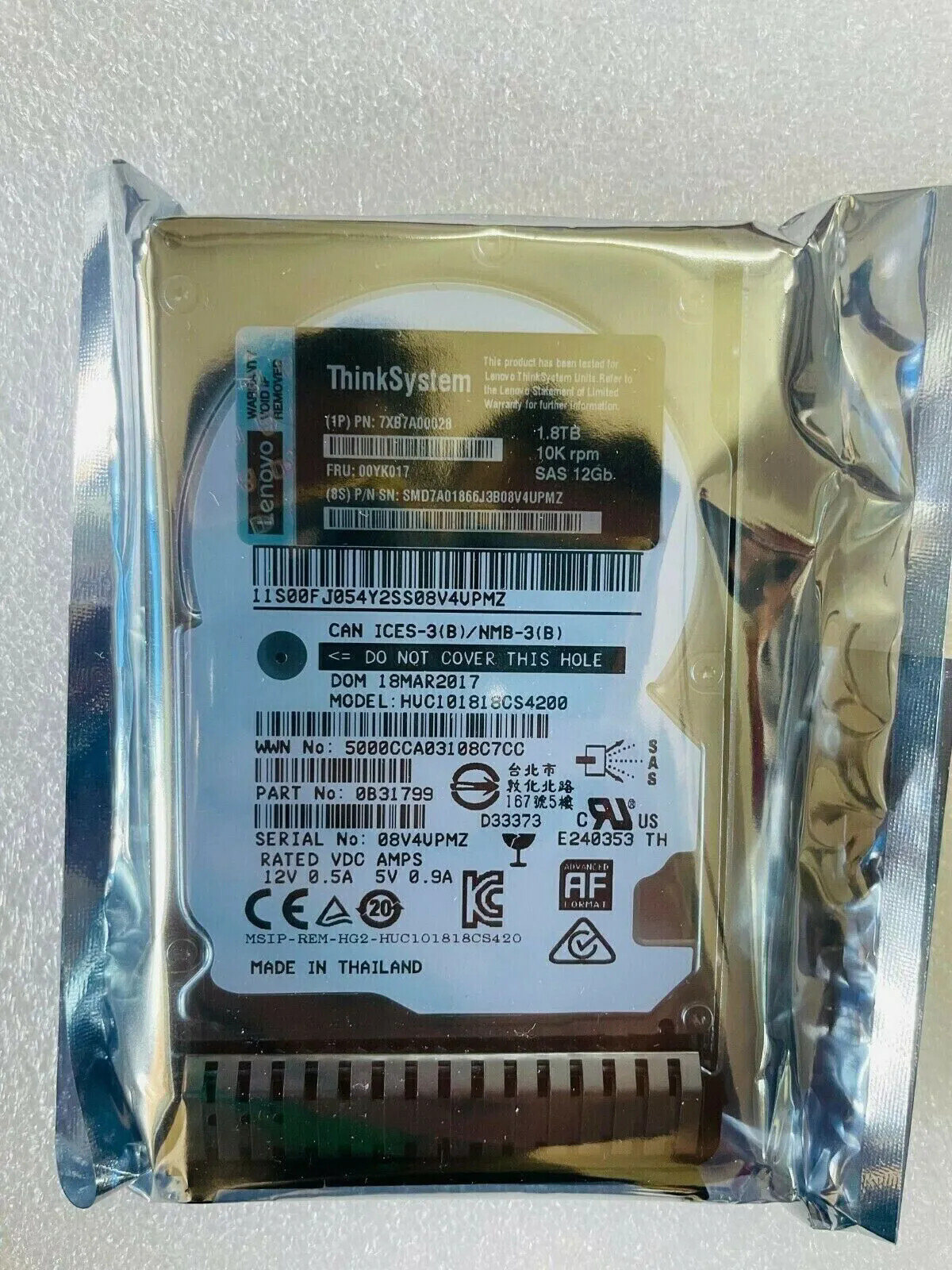 NEW Lenovo ThinkSystem 00YK017 7XB7A00028 2.5" 1.8TB 10K SAS 12G HDD Hard Drive