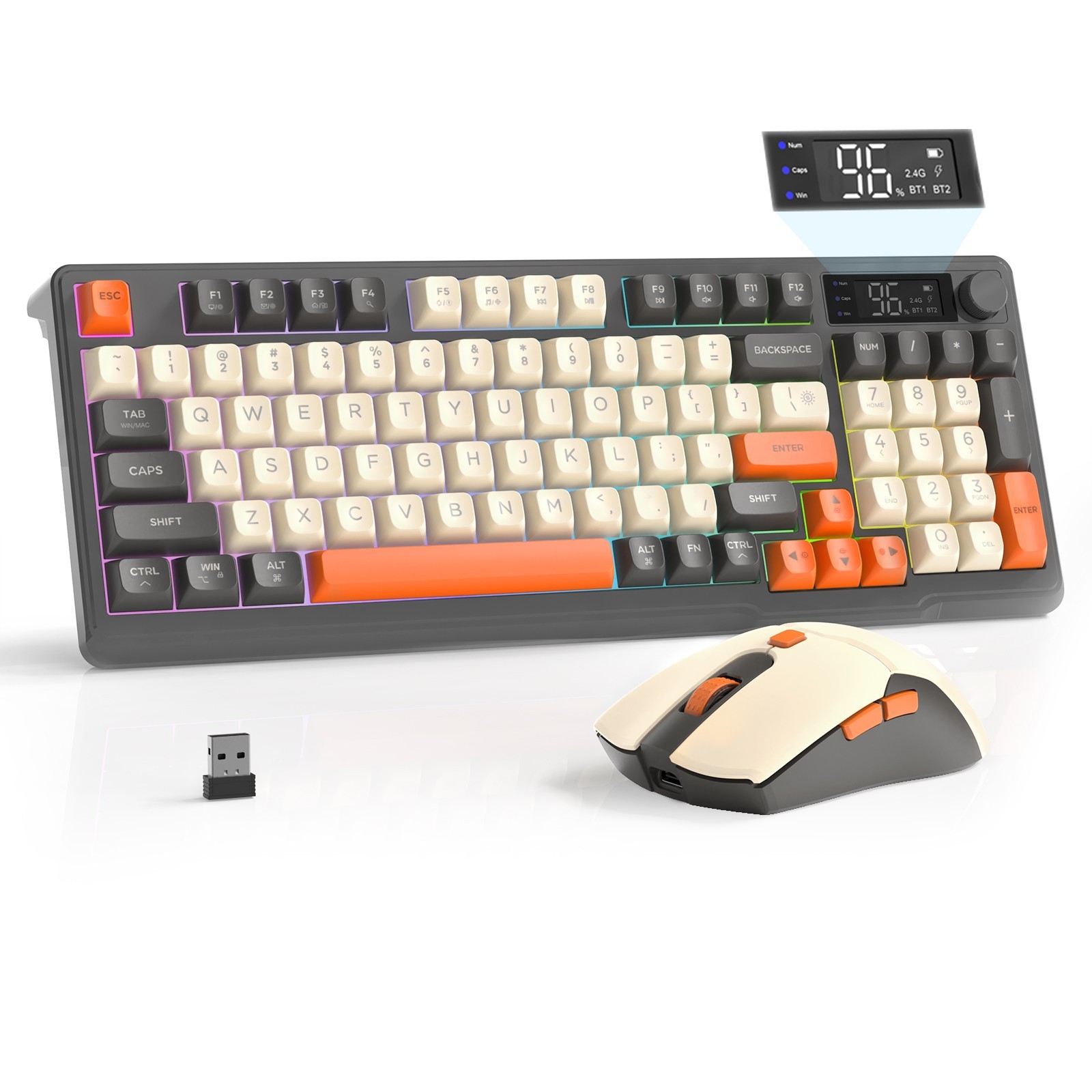 FREEWOLF T96 Wireless Membrane Keyboard and Mouse Combo, PBT Keycaps,Silent Keys