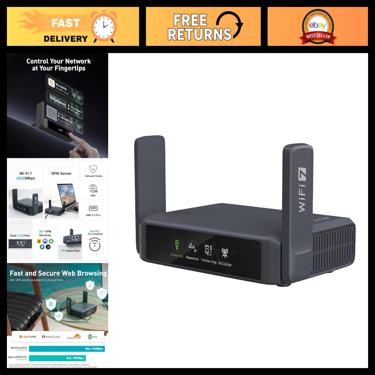 Wi-Fi 7 Travel Router with Touchscreen, 2.5G, Portable Slate Design, Fast Intern
