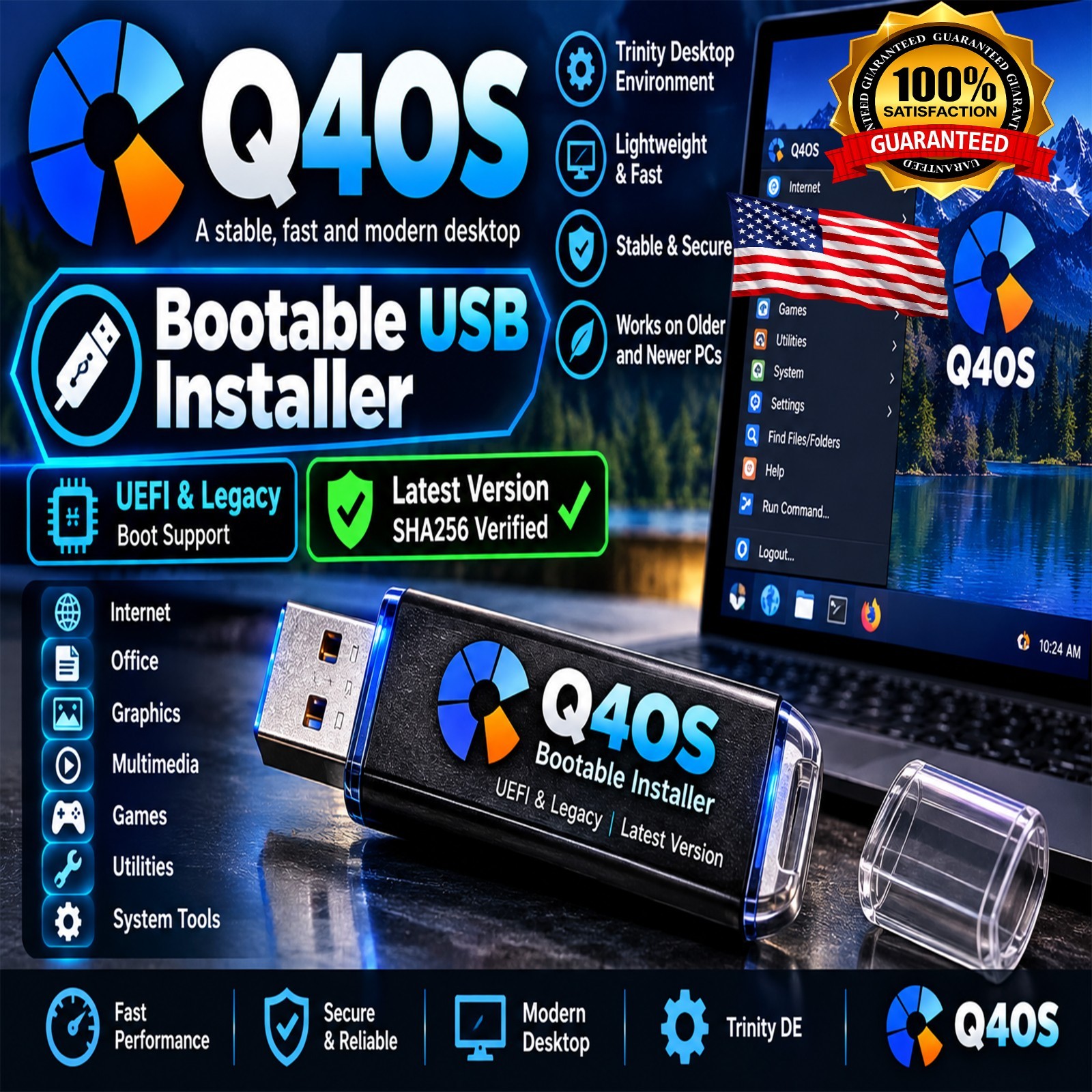 Q4OS Bootable USB Installer | UEFI & Legacy | Latest Version | SHA256 Verified