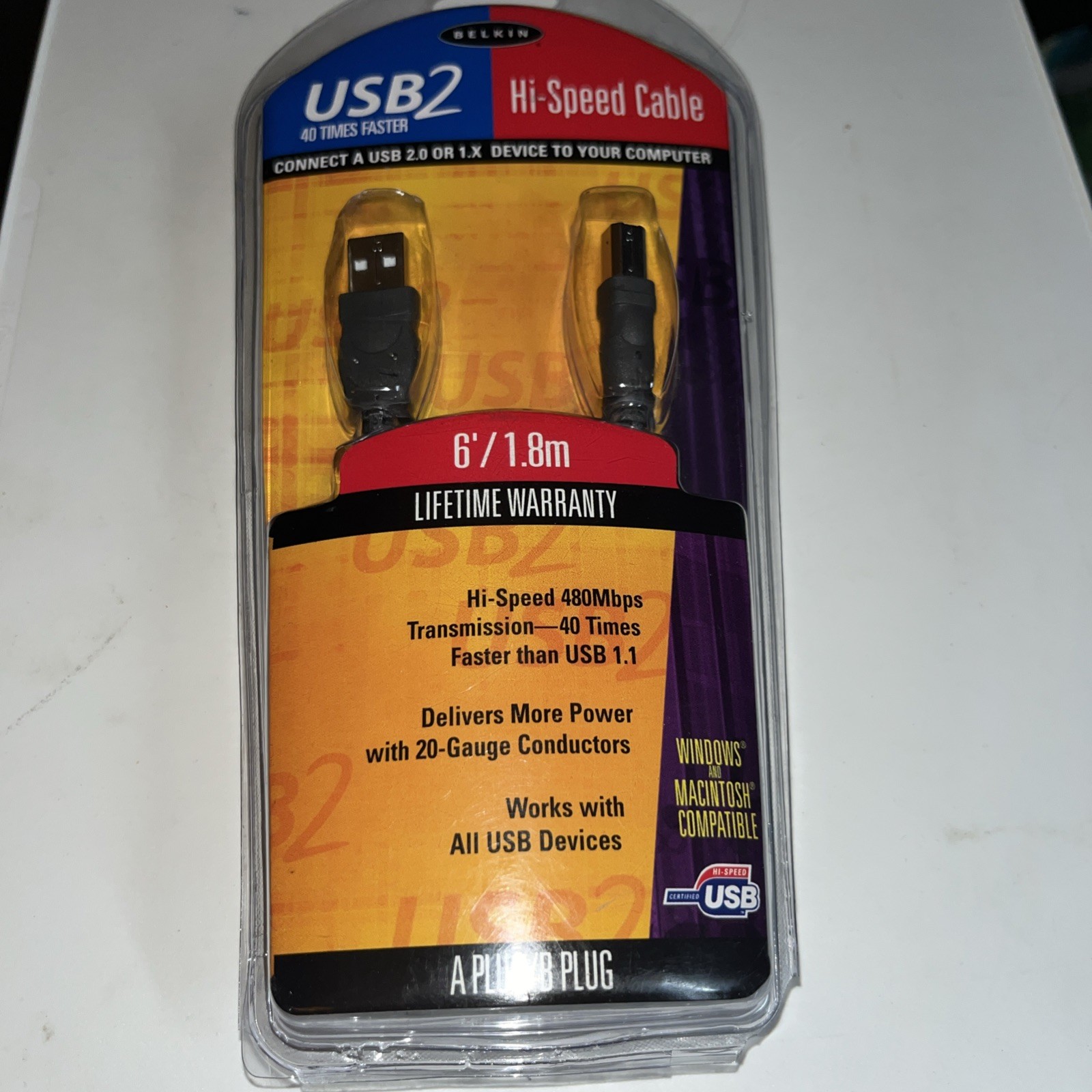 Belkin F3U133-06 USB2 Hi-Speed Cable 6' Type A B  Gold Plated Copper Contacts