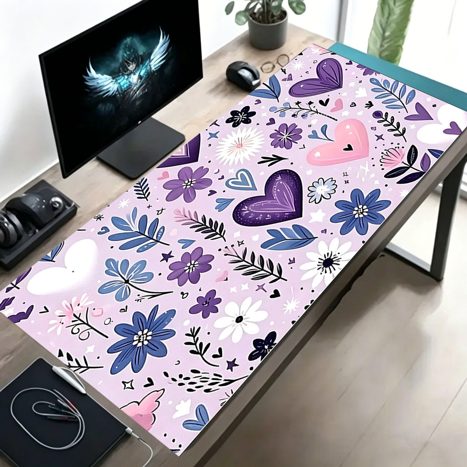 1pc Purple Cute Heart Pattern - Extended Gaming Mouse Pad And PC Desk Mat - La