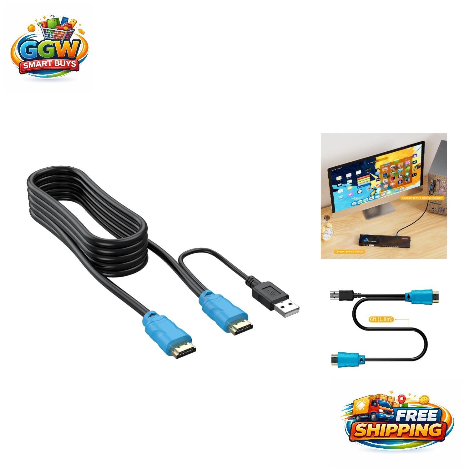 High-Speed 6FT USB KVM Cable for Streamlined Connections to KVM Switches