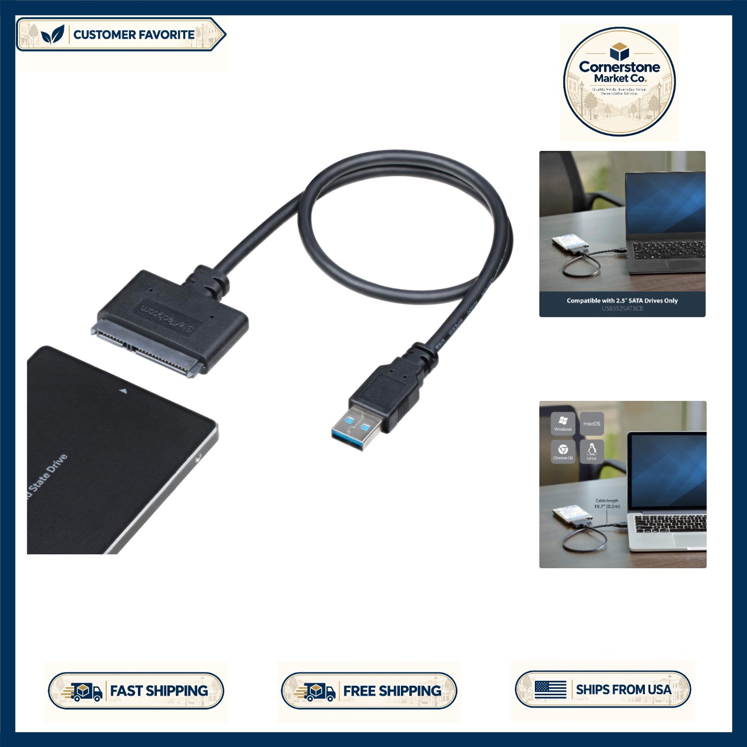 Compact USB 5Gbps SATA to USB Adapter Cable for 2.5in Drives – Universal Use