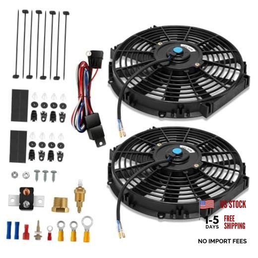 10" Dual Electric Radiator 10 Inch w/Thermostat Wiring Switch Relay Kit Black