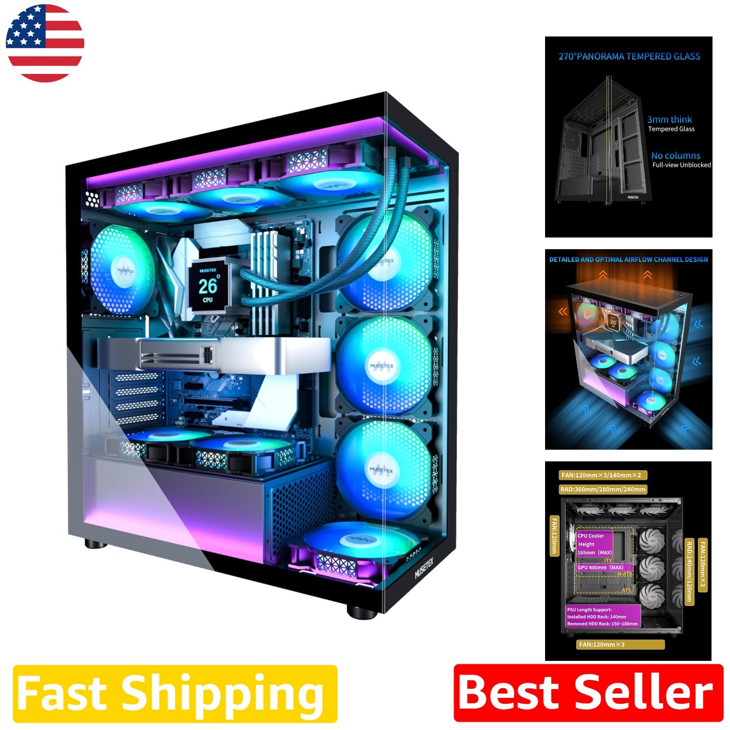Gaming PC Case, 7 RGB Fans, Type-C, Dual Tempered Glass Mid Tower