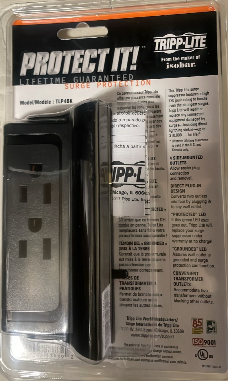 TRIPP LITE TLP4BK Protect It Surge Protector 4 Side-Mounted Outlets Power Strip