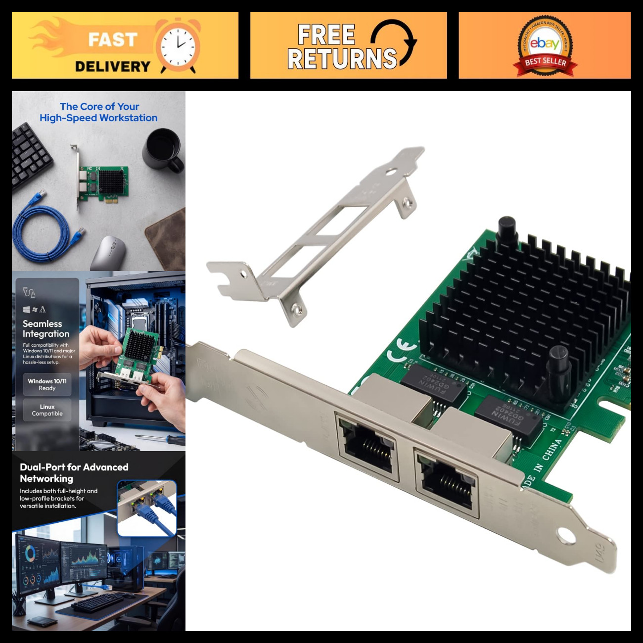 Dual PCIe 3.1 2.5G Network Adapter, Intel I225-V, Gigabit Ethernet NIC Card, RJ4