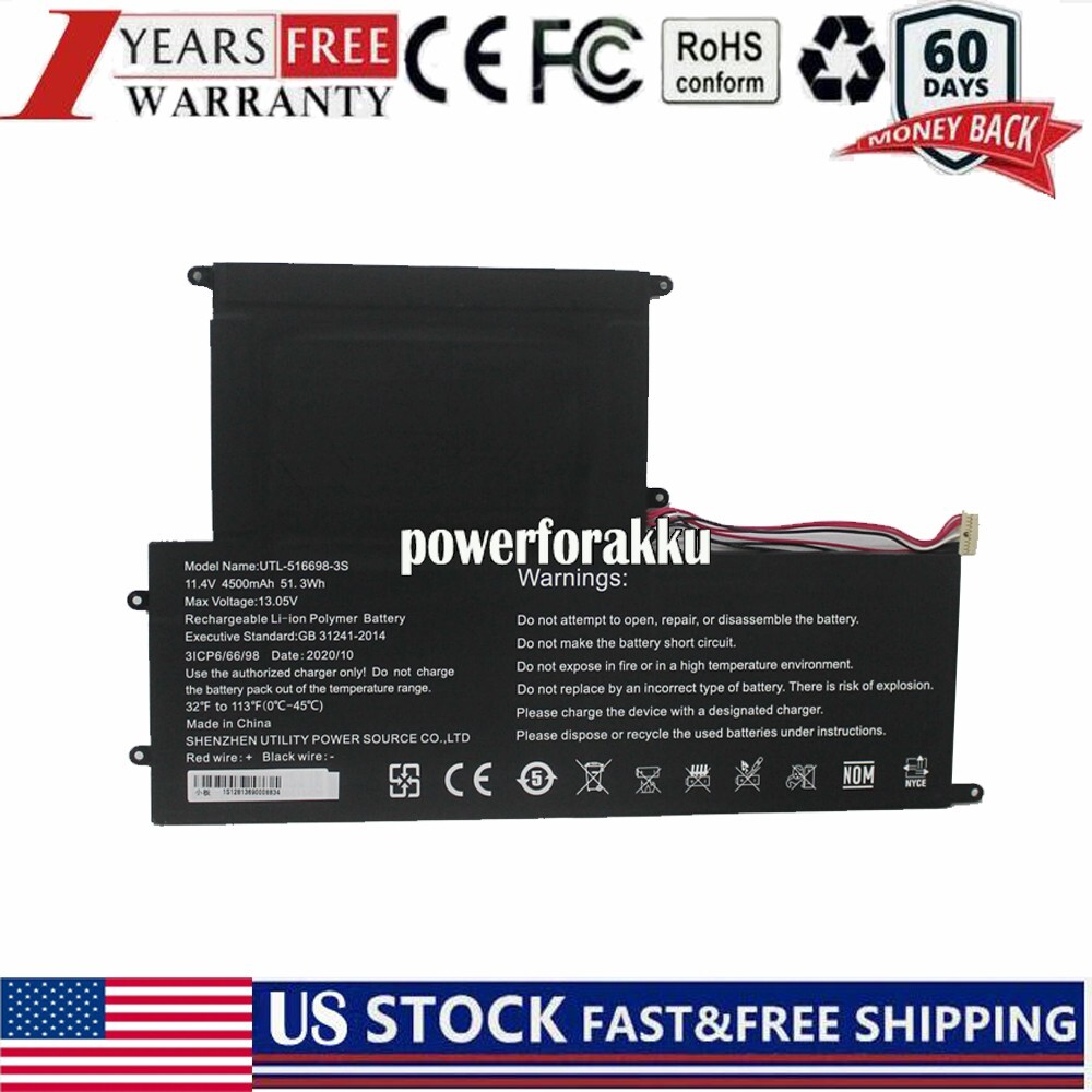 UTL-516698-3S Battery for EVOO ECV156-1 ECV156-2 EVC156-1BK EVC156-2BK Series