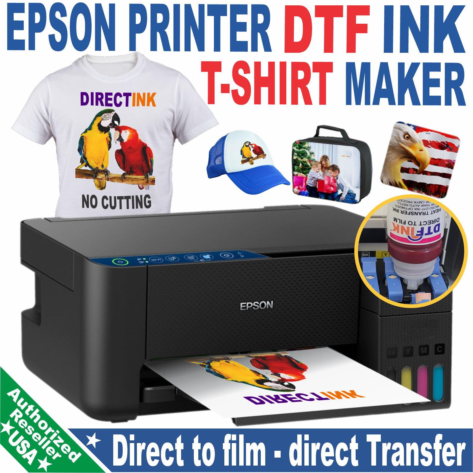 Epson Printer with DTF Ink Heat Transfer Full Color T-Shirt Print Start Bundle,