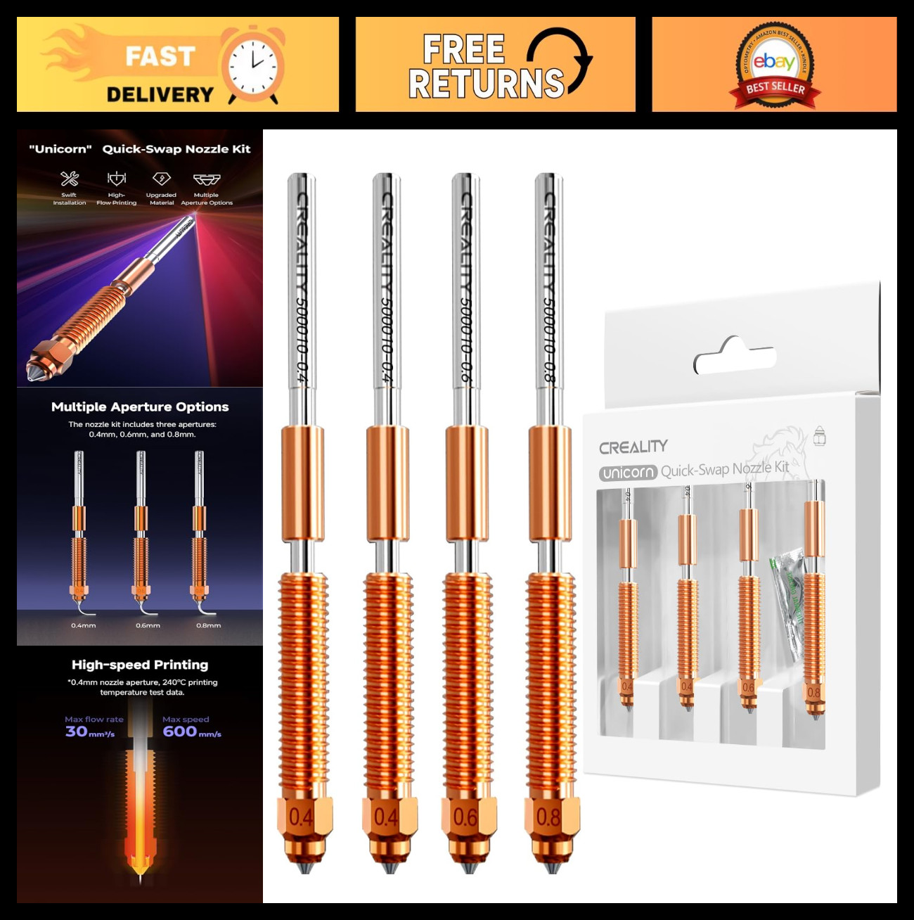 3D Printer Nozzle Kit - Quick-Swap 0.4mm, 0.6mm, 0.8mm, Copper & Steel, 4PCS