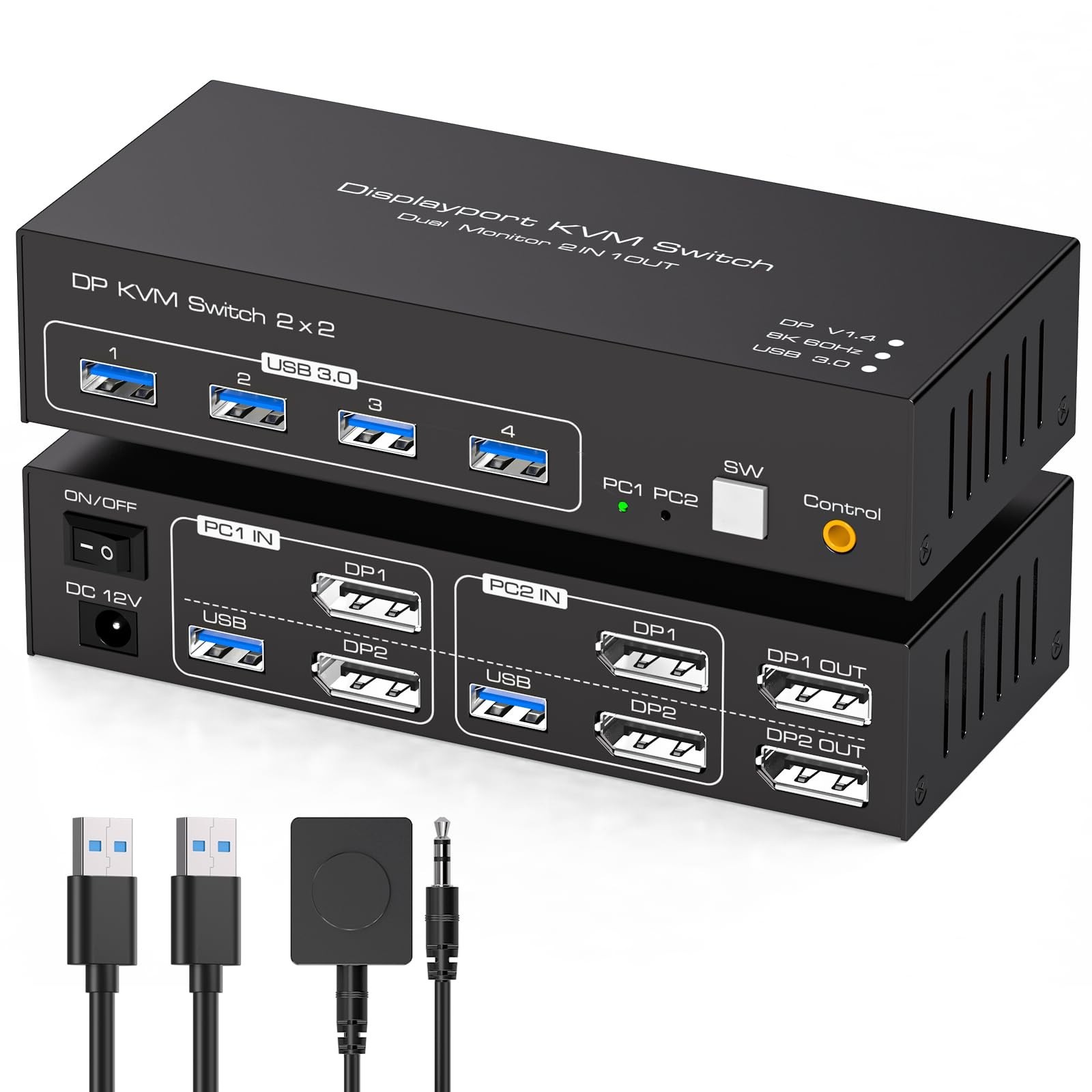 DisplayPort KVM Switch 2 PC 2 Monitor 8K 60Hz 4K 120Hz 4 USB 3.0