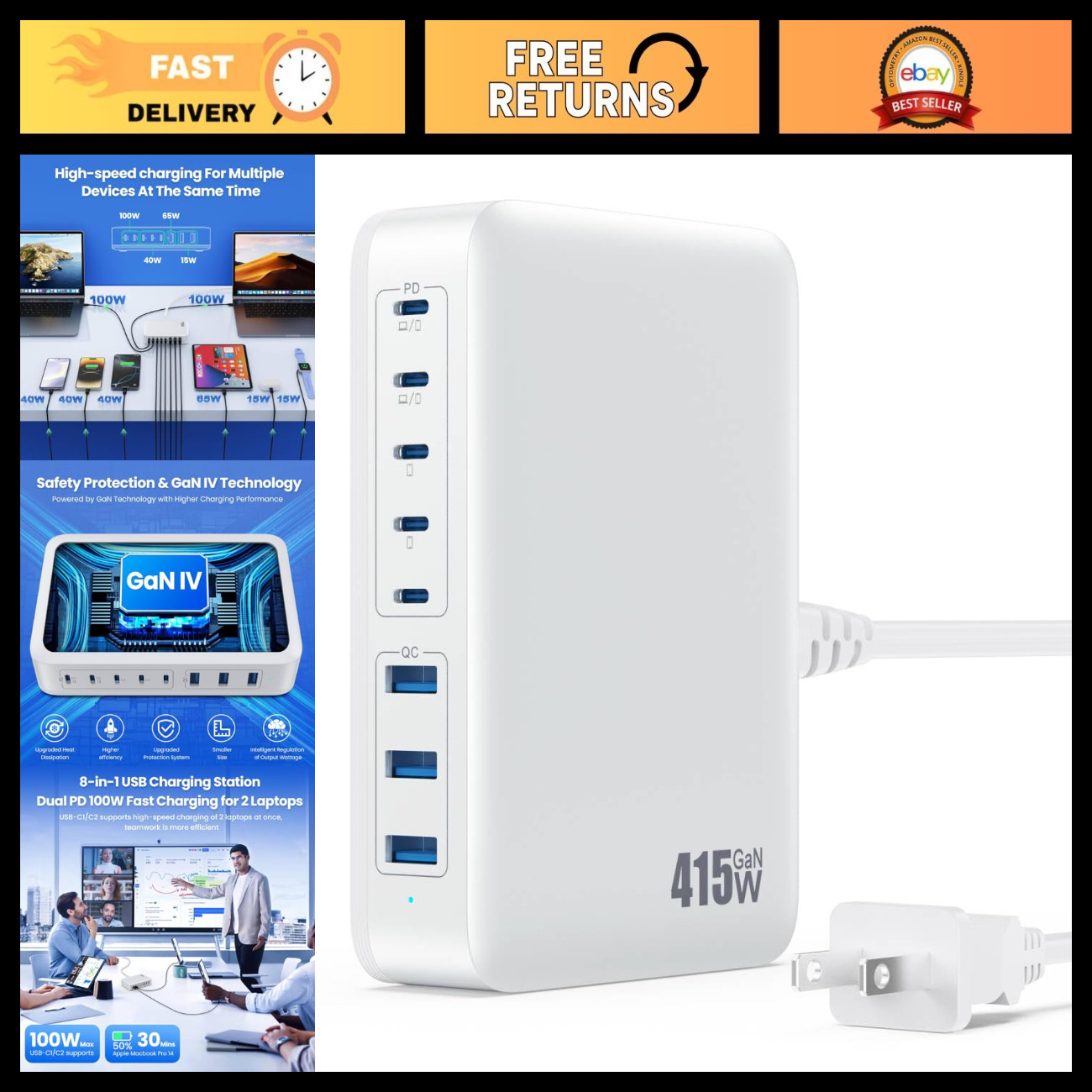 8-Port 415W USB C Charger Hub, GaN Fast Charging Station, Dual PD 100W Adapter f
