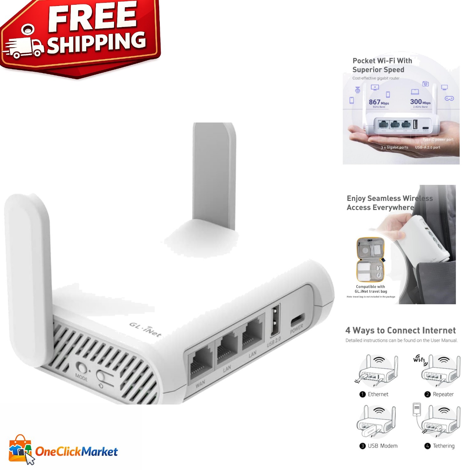 High-Security GL-Opal AC1200 Travel Router with OpenVPN, Perfect for Gamers