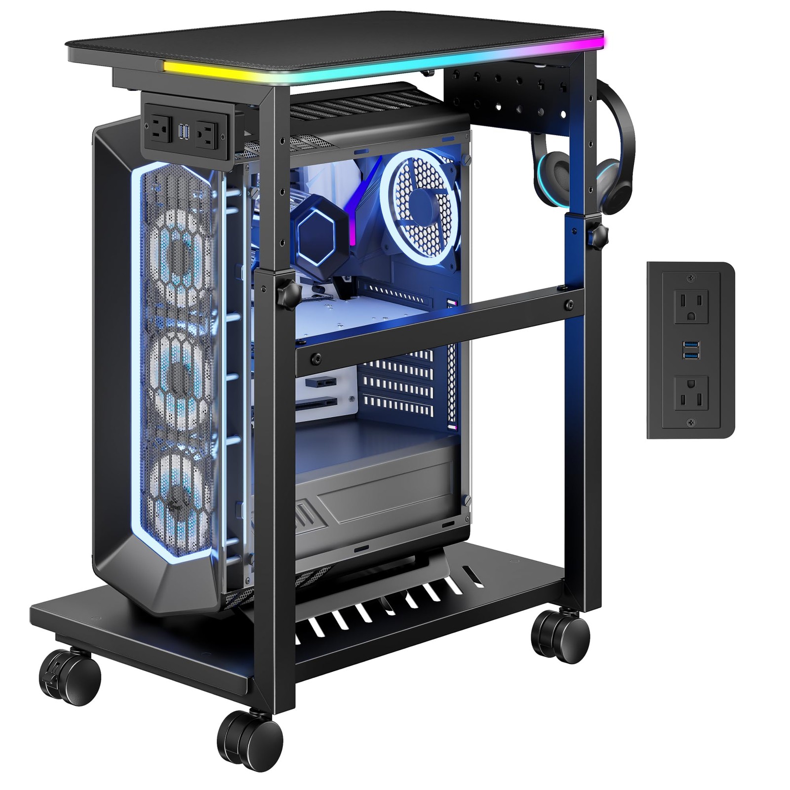 RGB Adjustable Computer Tower Stand, USB Lock Casters Mobile CPU Cart