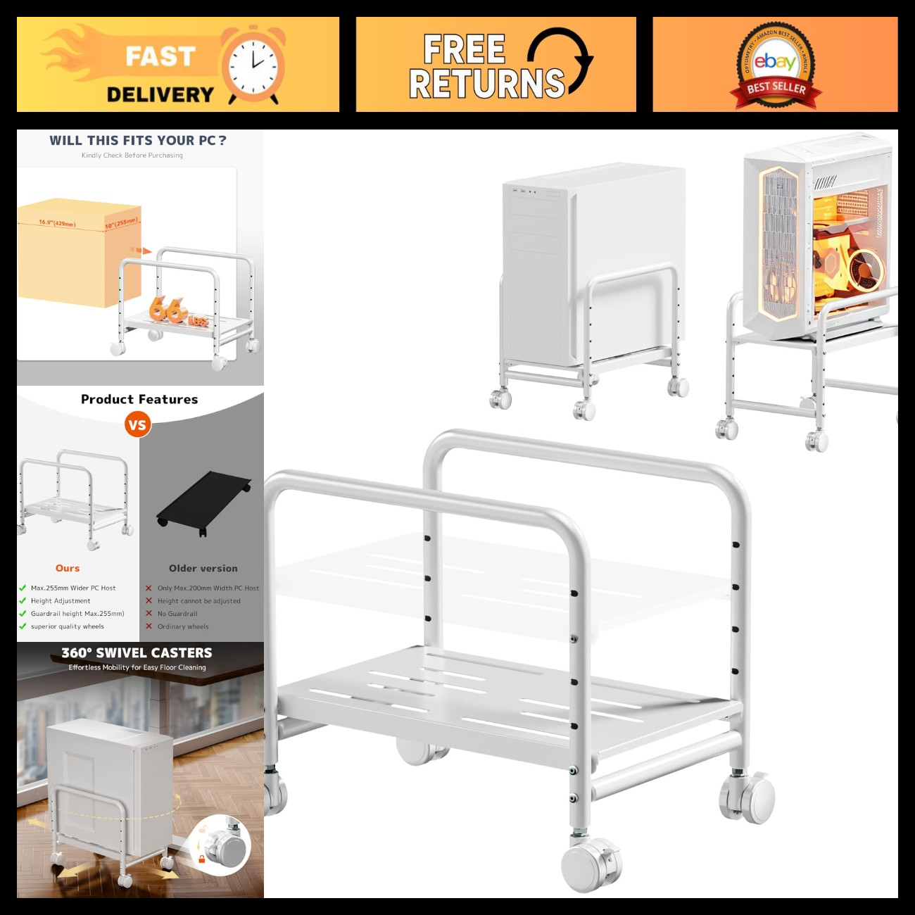 Under Desk Computer Tower Stand for Mid-Tower PCs - Space-Saving White Design