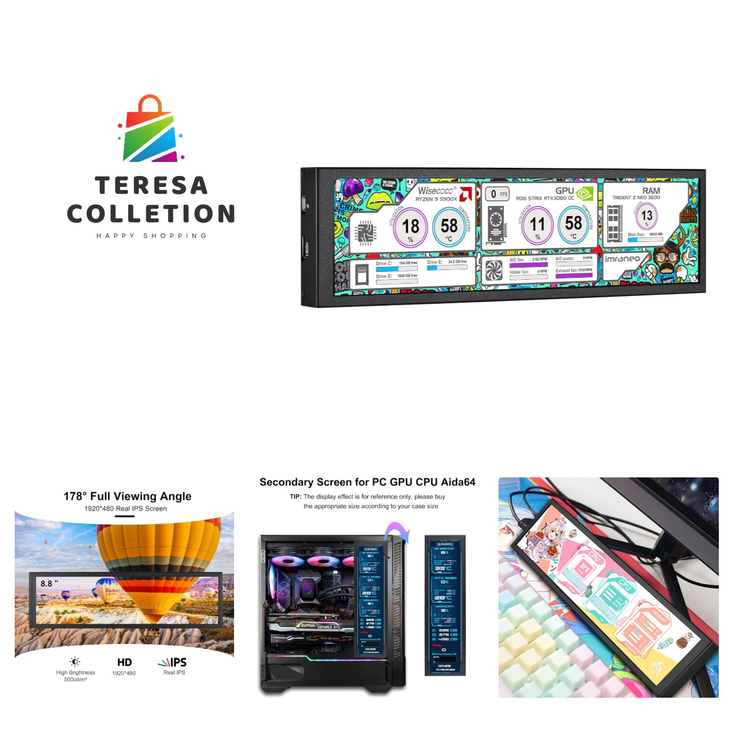 8.8 Inch Computer Secondary Screen CPU Temperature Monitor with Casing FHD IP...