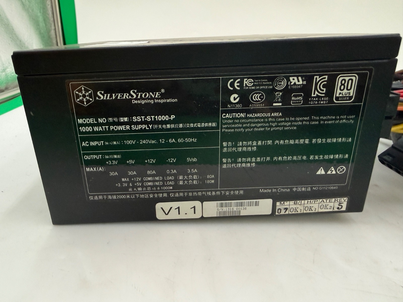 SILVERSTONE 1000 Watt Power Supply Unit-#SST-ST1000-P With Cables and Power Cord