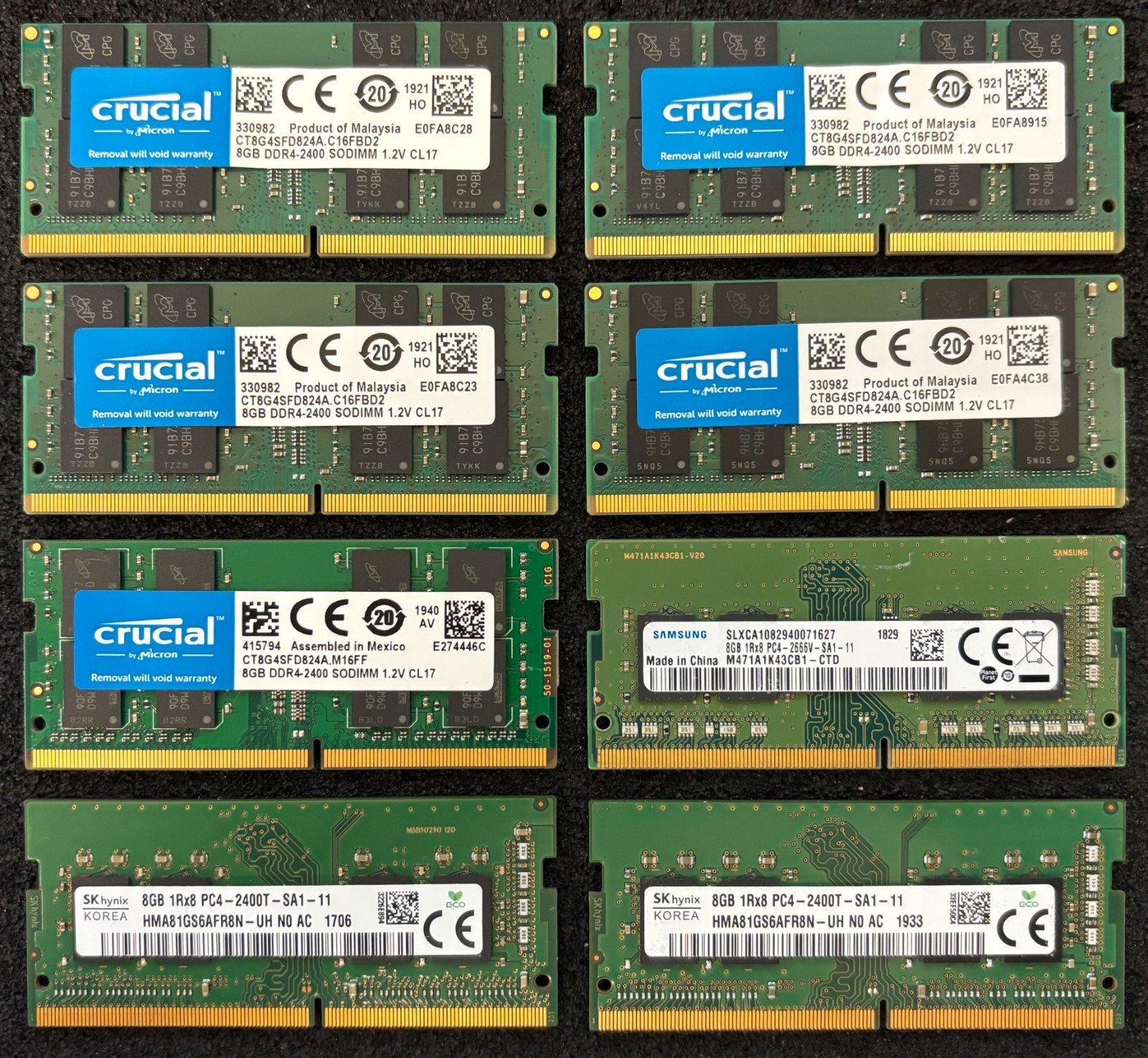LOT OF 8 | 8GB PC4 SODIMM MIXED BRAND/SPEED 2400/2400T/2666V Laptop RAM