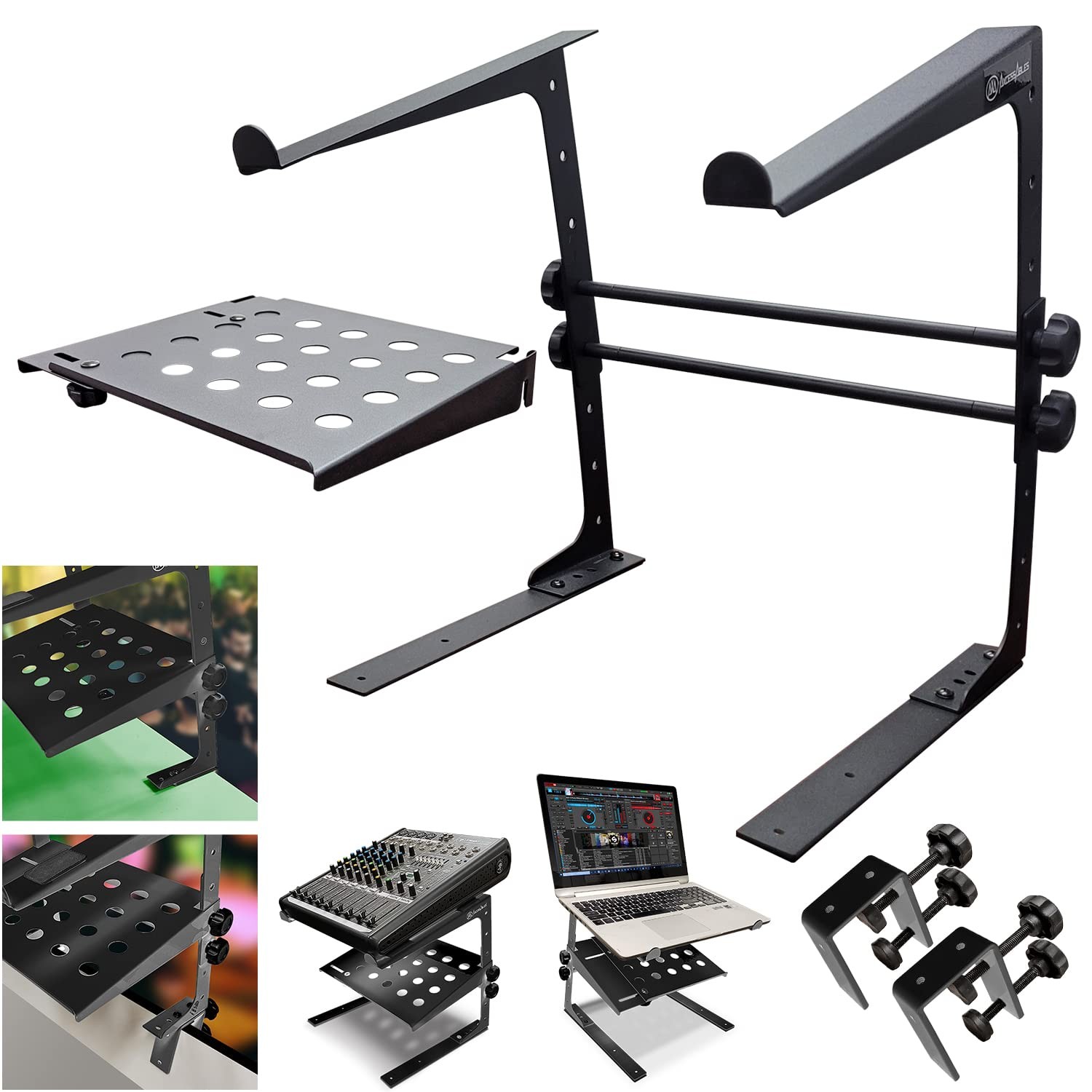 AxcessAbles Two-Tier Adjustable DJ Stand with Clamps | for DJ Controllers, Mu...