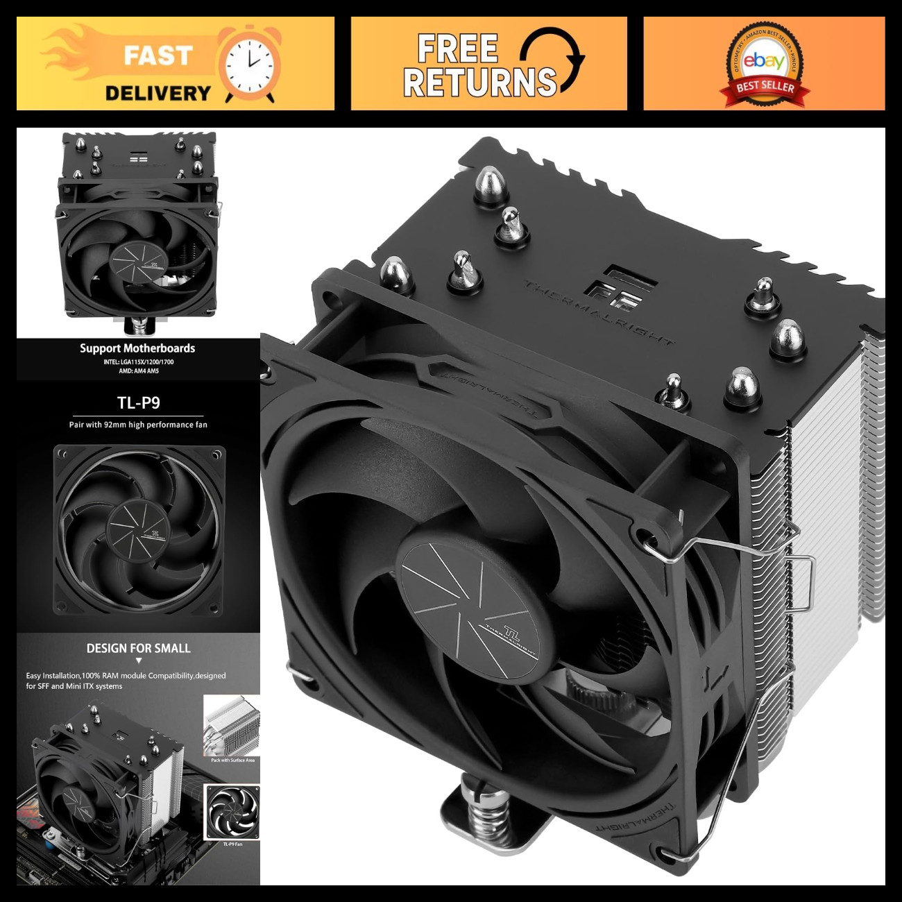 High-Performance CPU Air Cooler, 2200RPM, 4 Heat Pipes, 92mm PWM Fan, AMD/Intel