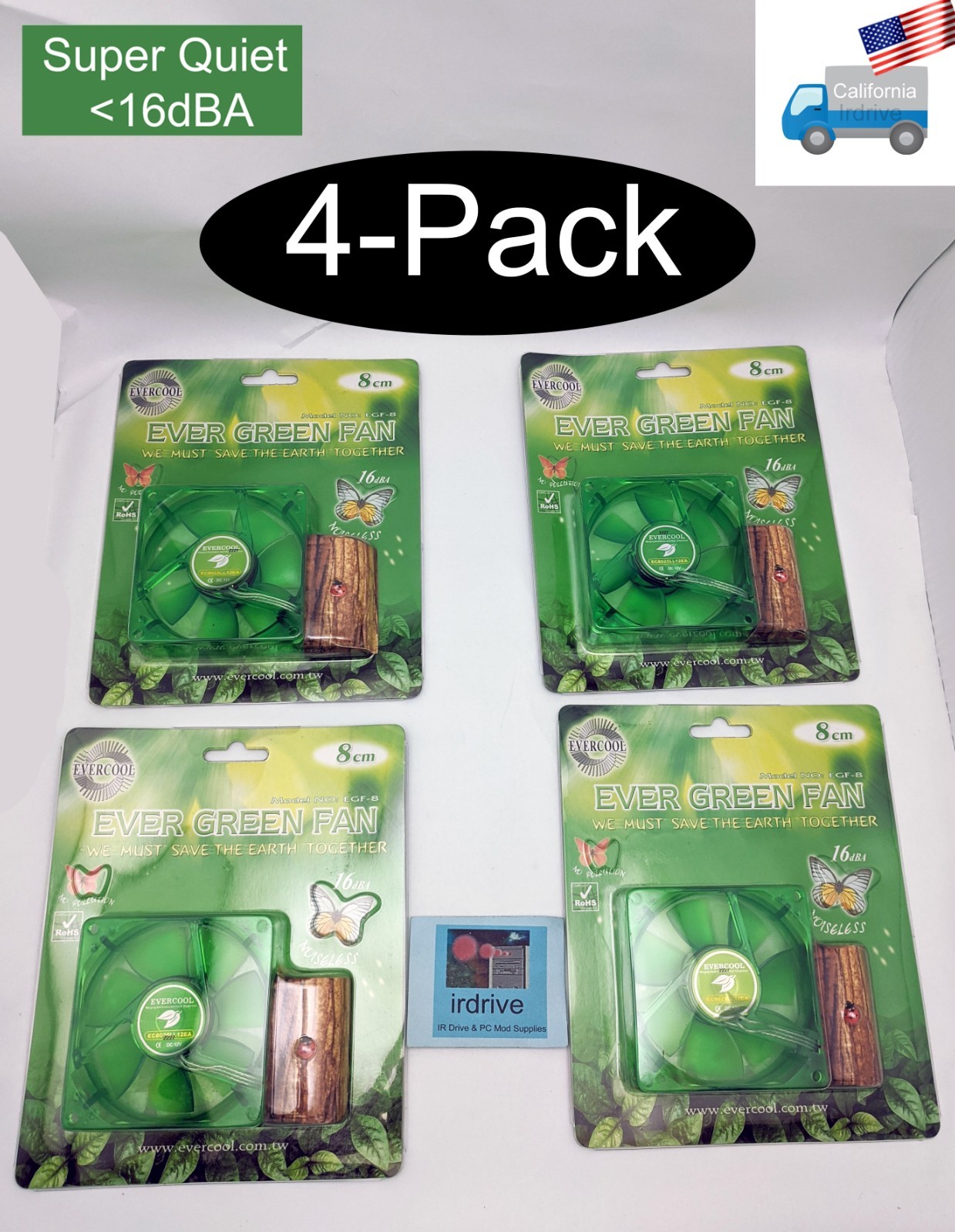 4Pack 16dBA Super Quiet Translucent Ever Green 25x 80mm 3pin PC Case Cooling Fan