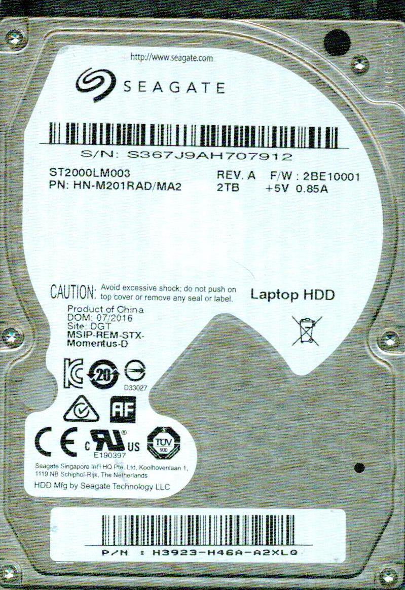 ST2000LM003,  HN-M201RAD/MA2,  F/W 2BE10001  Seagate SATA 2TB