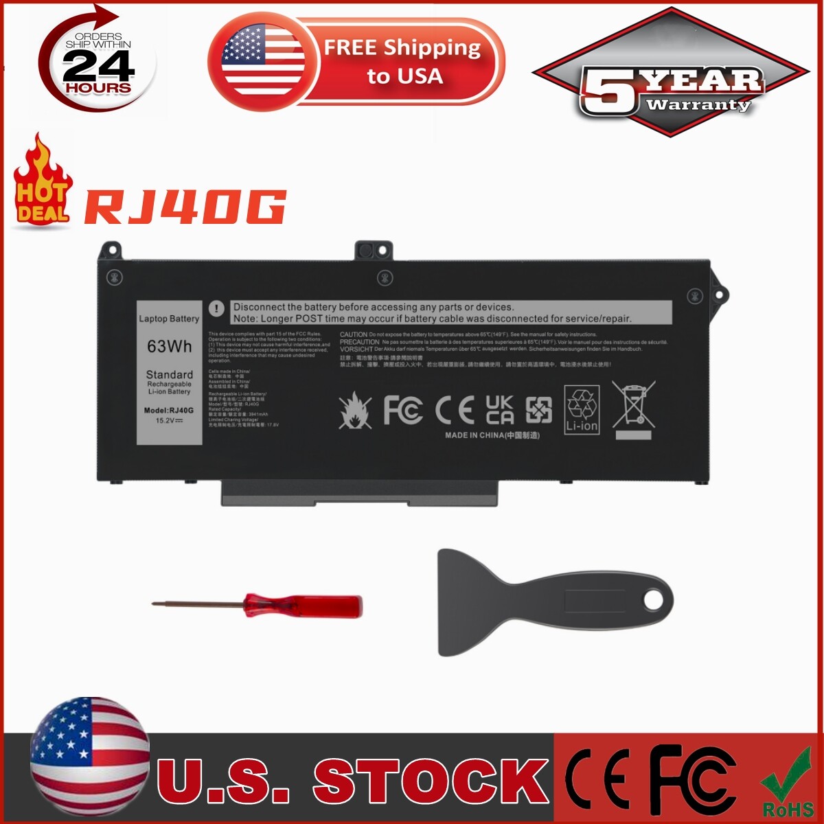 LOT 10 RJ40G Battery For Dell Latitude 5420 5520 Precision 3560 63Wh 4Cell M033W