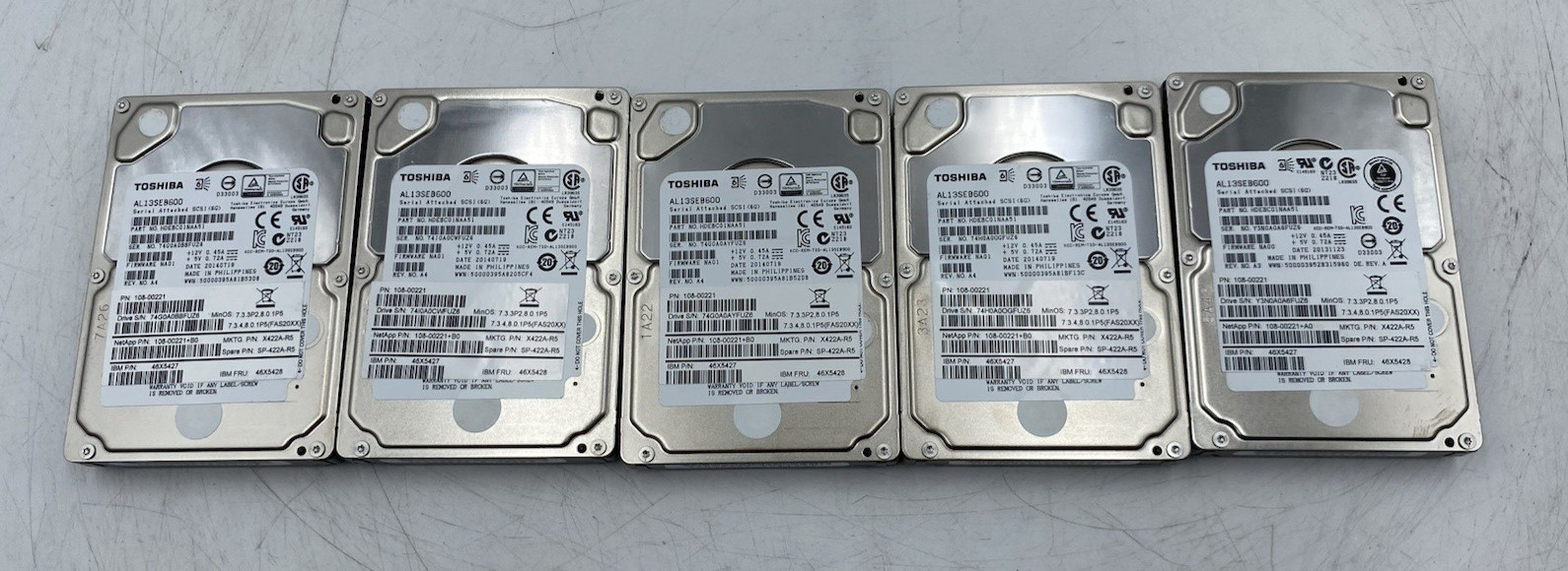 LOT OF 5 NetApp 108-00221+B0/Toshiba AL13SEB600 600GB SAS Drives