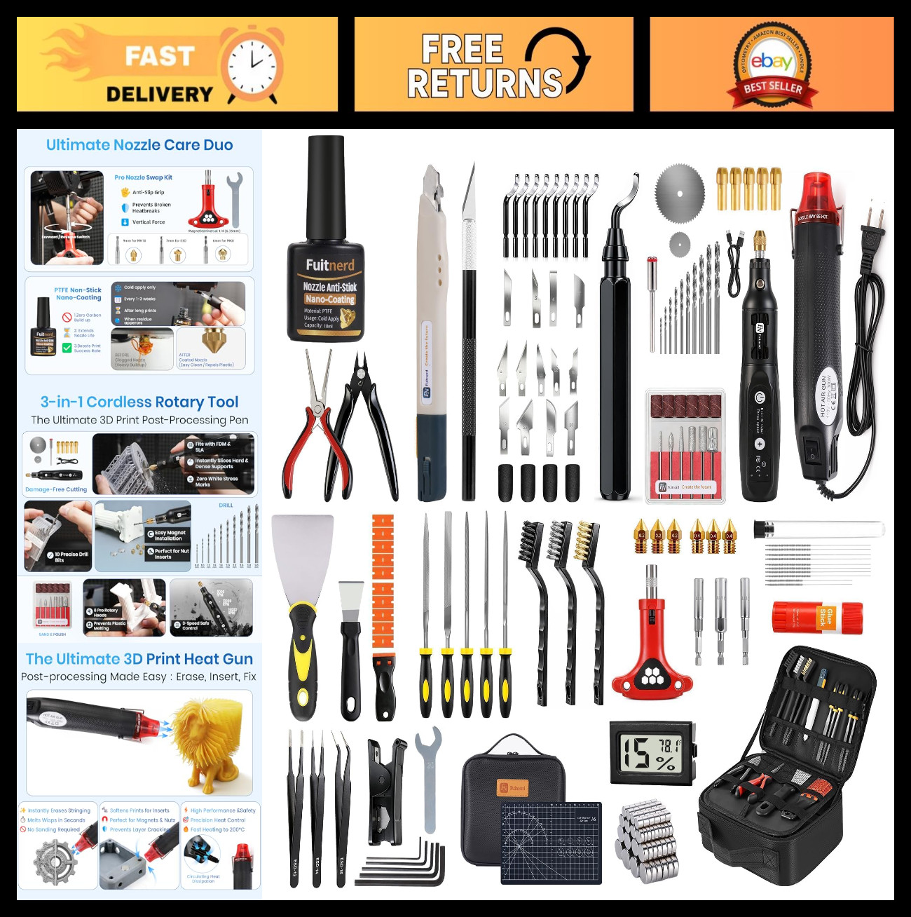 142Pcs 3D Printer Tool Kit & Accessories, Rotary Tool, Heat Gun, Nozzle Cleaning