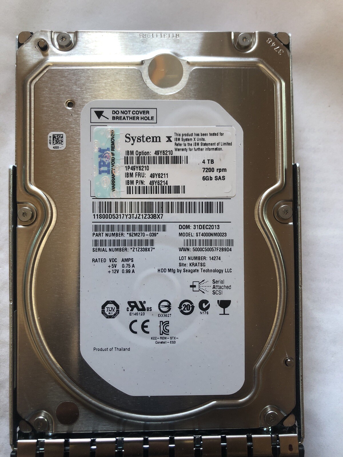 IBM 4TB, 7200 RPM (49Y6210) Hard Drive FRU 49Y6211 P/n 49Y6214