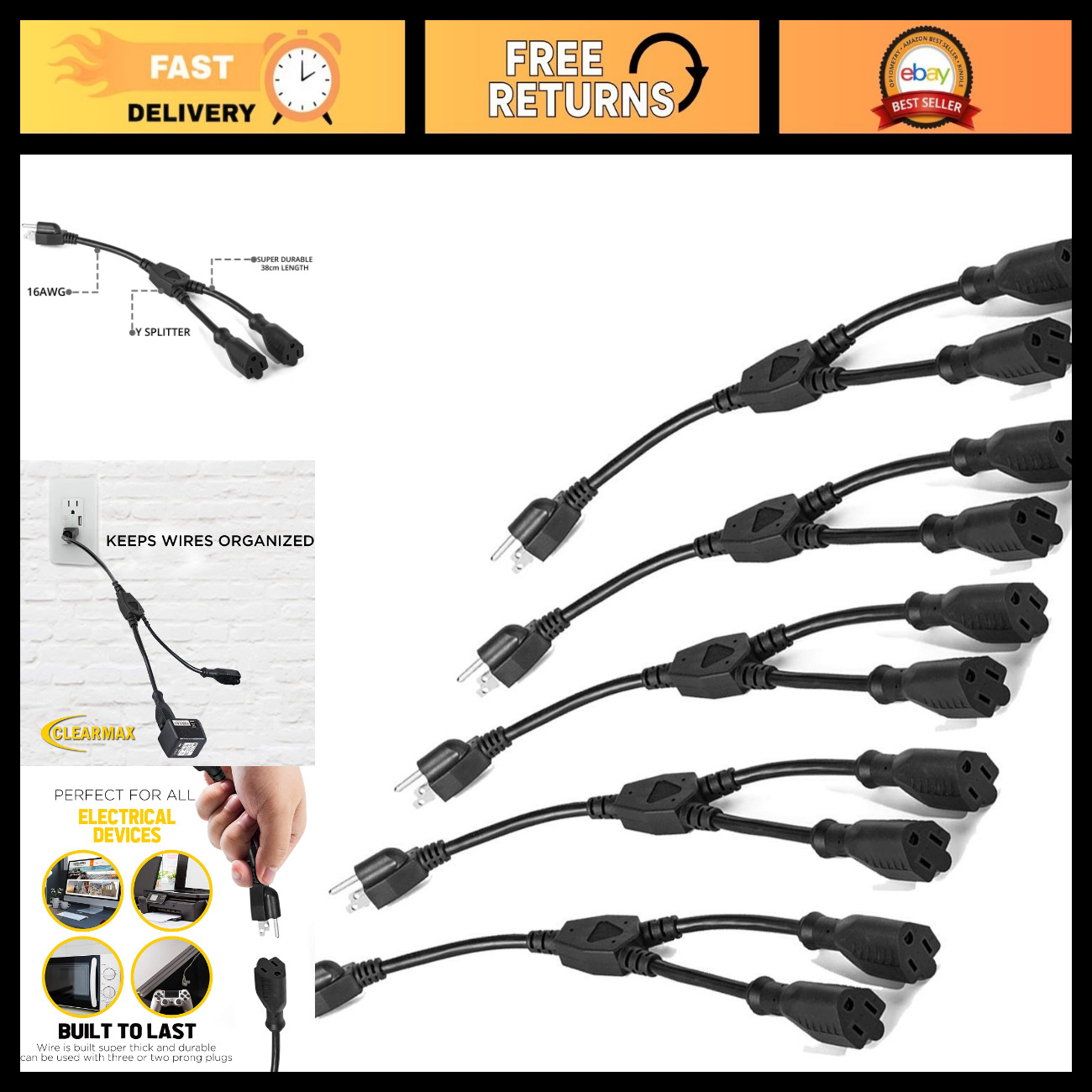 3 Prong Y Splitter Power Cable Extension Cord 16 AWG, UL Approved, 1ft, 5 Pack B