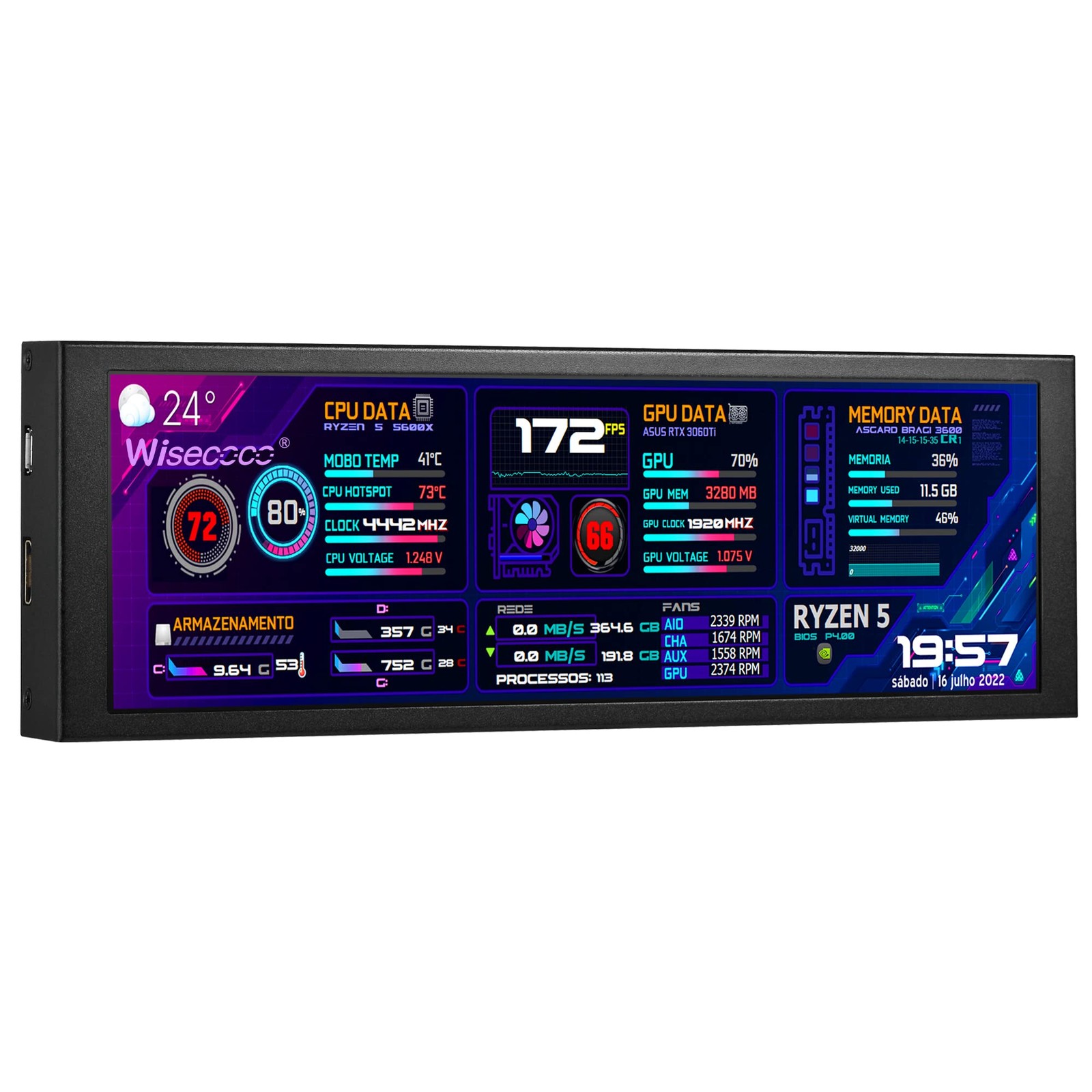 wisecoco 7.84 Inch Mini Monitor HD IPS 1280x400 Secondary 7.84-inch, Black