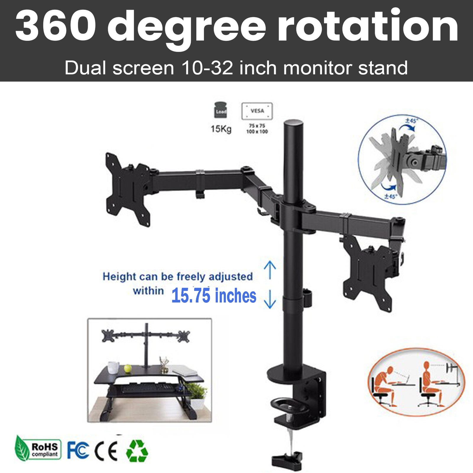 10”-32" Twin Arm Double LCD Computer Screen Monitor TV Bracket Desk Stand Mount