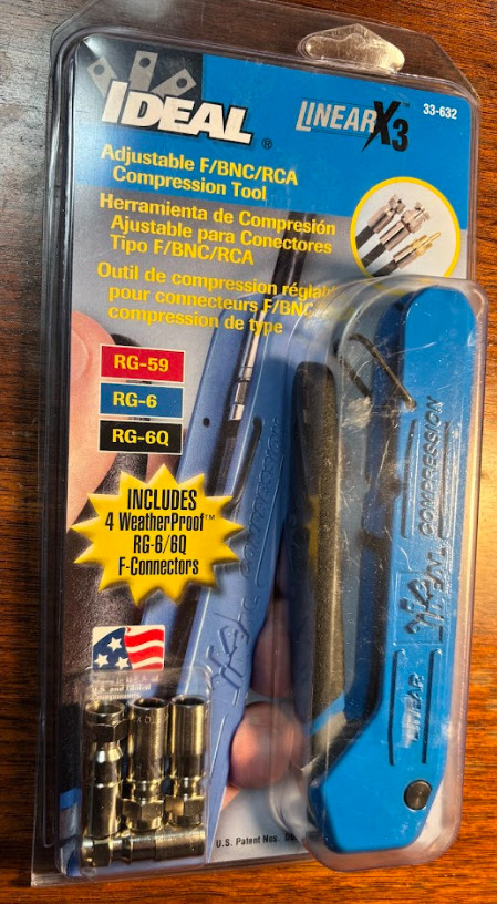 IDEAL 33-632 LINEAR X3 ADJUSTABLE F/BNC/RCA COMPRESSION TOOL W/4 CONNECTORS, NEW