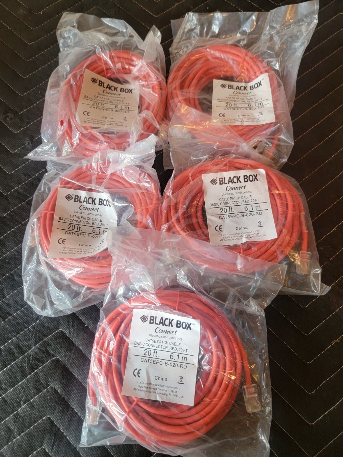 Red Cat5e Patch Cord RJ45 CAT5e Ethernet Cable 20ft, 5pk