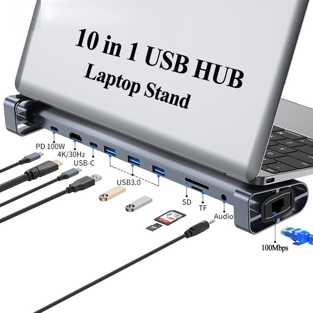 10-in-1 USB C Hub 4K HDMI RJ45 Ethernet PD 100W USB 3.0 SD TF Docking Station