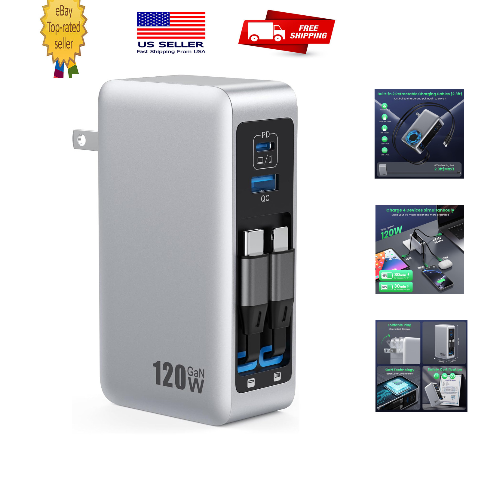 120W USB C Charger Block with 2 Retractable Cables, GaN IV Foldable Plug Wall
